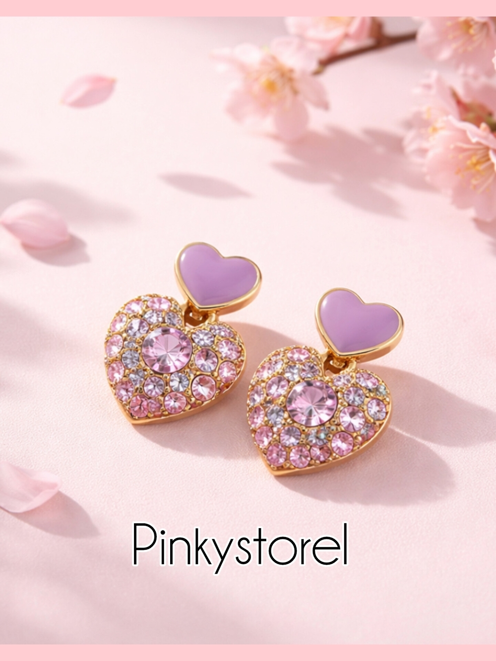 Gold Pink Heart Drop Earrings